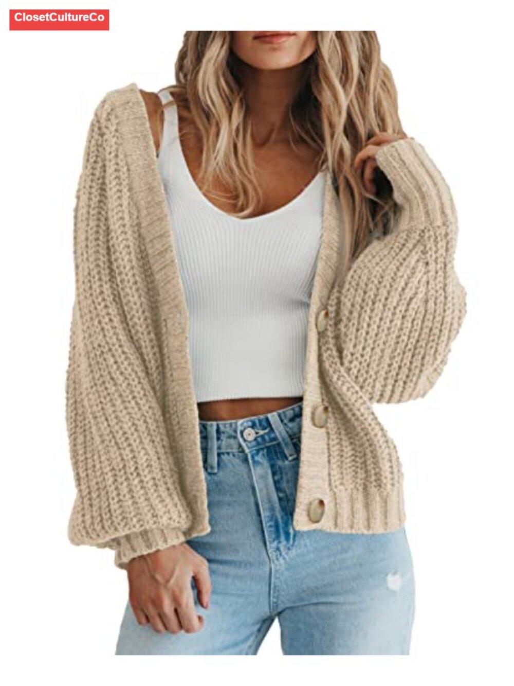 Chunky Knit Open Front Cardigan Button Down V Neck Oversized Sweater